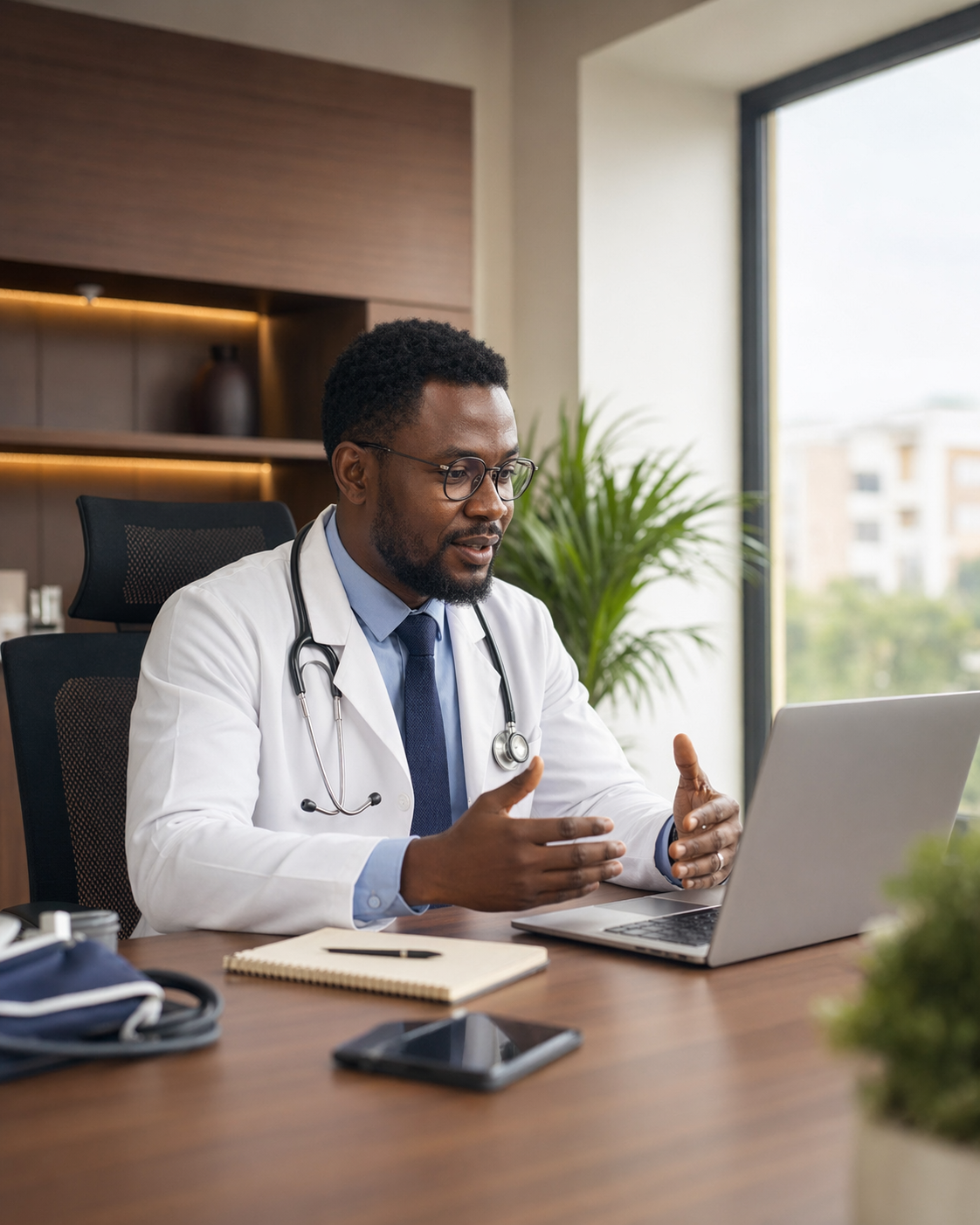 Smiling, professional Nigerian male doctor in a clean, modern medical office, wearing a white lab coat and stethoscope while looking at a laptop screen.