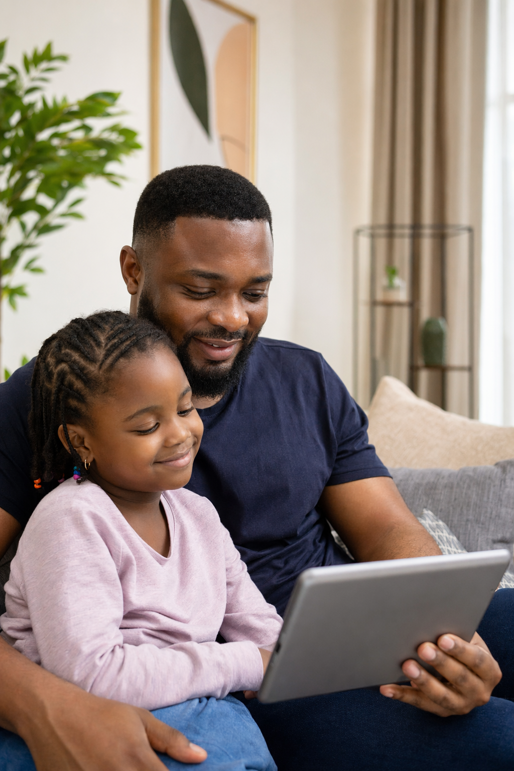 Nigerian father and his young daughter using a tablet in a bright living room while speaking to a kind Nigerian pediatrician on screen.
