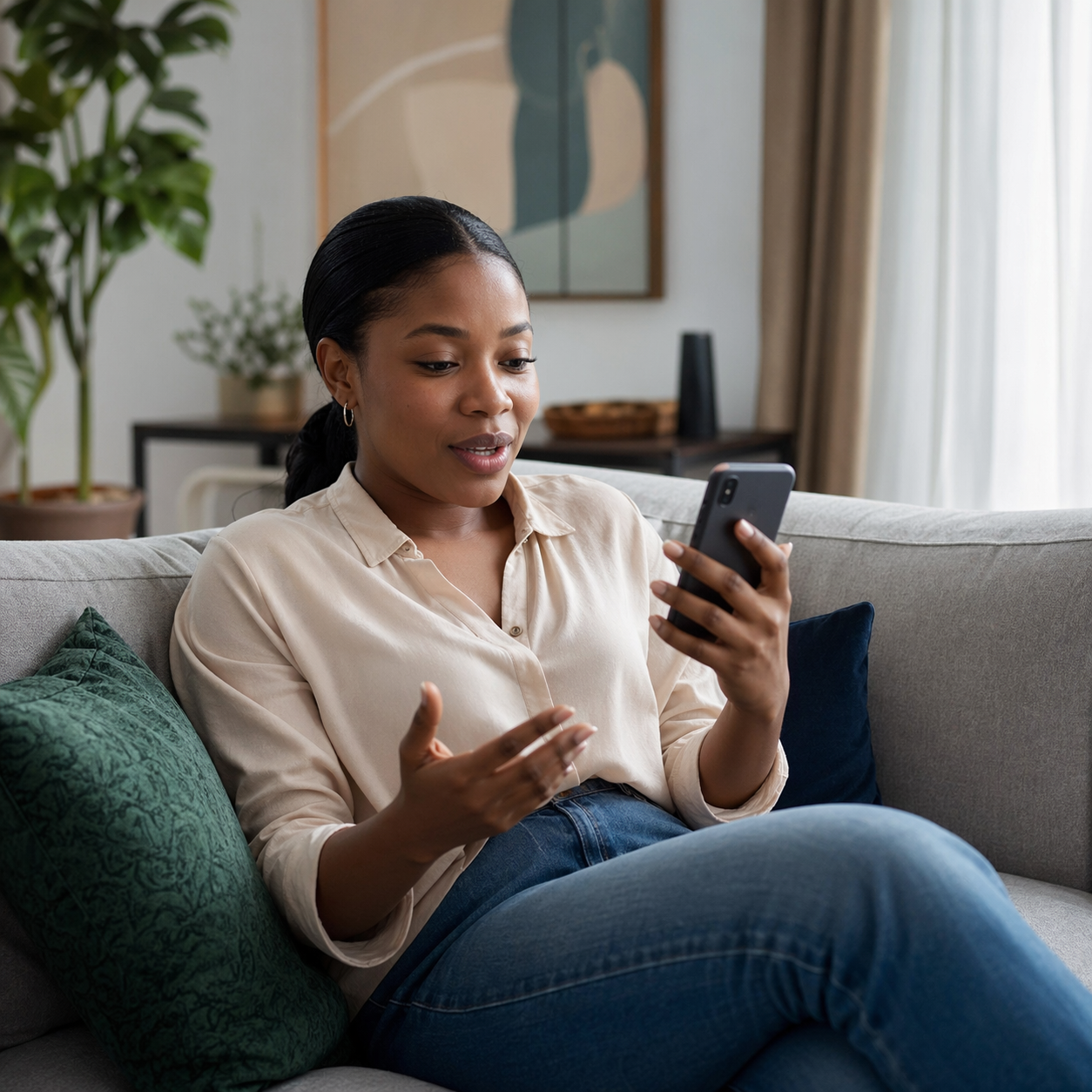 Young Nigerian woman sitting comfortably on a sofa in a modern, sunlit Lagos apartment while smiling through a smartphone video consultation with a doctor.