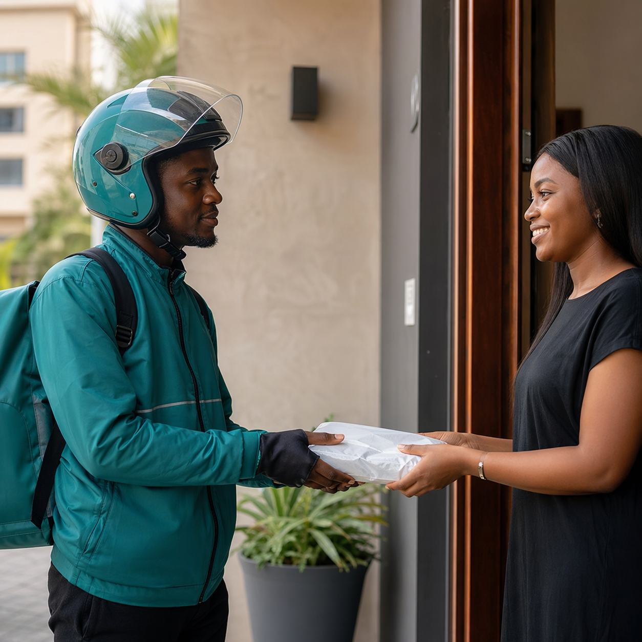 Professional delivery rider in a branded teal uniform handing a medical parcel to a Nigerian man at the entrance of a modern home.