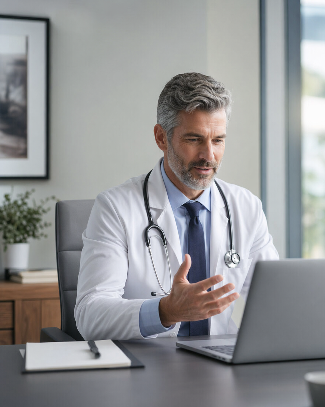 Board-certified doctor working from a laptop in a calm, modern telehealth office.