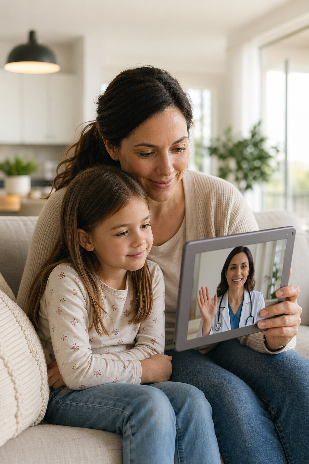 Family at home using a tablet for a pediatric telehealth follow-up.